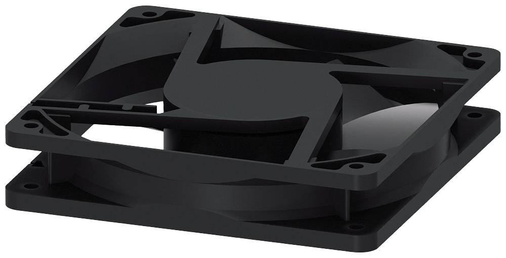 Ventilateur d'ordinateur noir, carré, à trois pales, vu de côté. Adapté pour le refroidissement d'appareils électroniques.