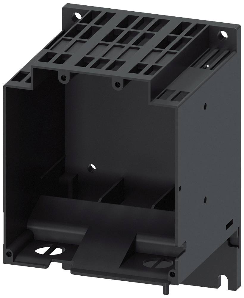 Boîtier rectangulaire en plastique noir, avec des ouvertures sur le dessus. Il est vide et destiné à accueillir des composants électriques.