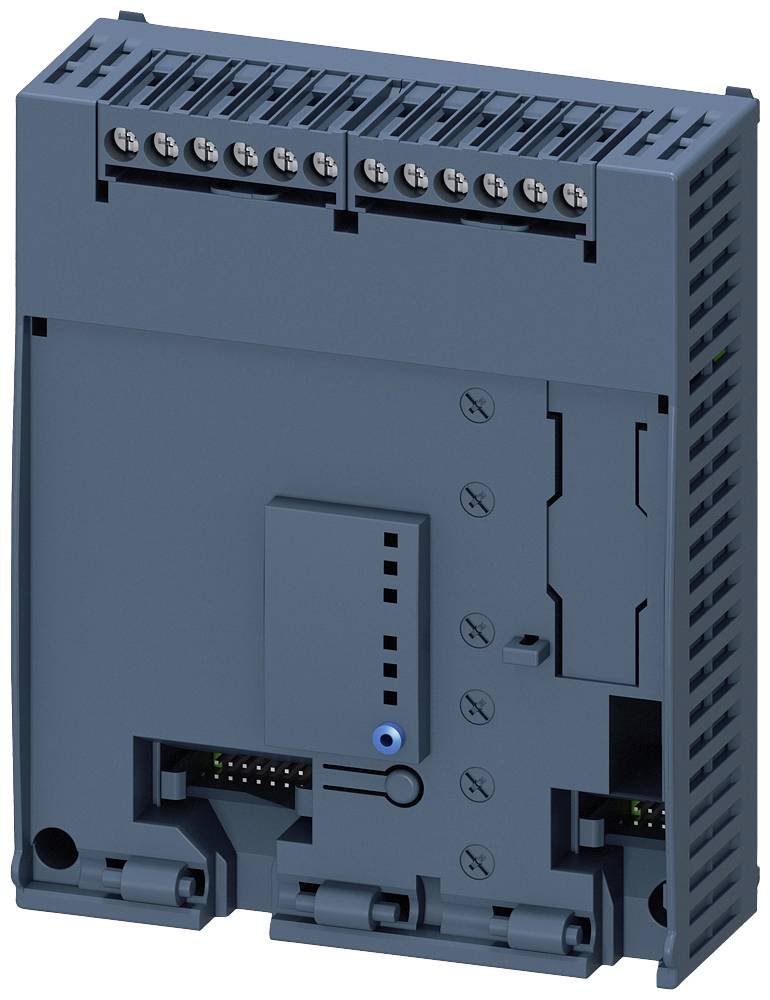 Boîtier électronique gris avec bornes de connexion en haut et plusieurs vis et ouvertures sur la façade avant.