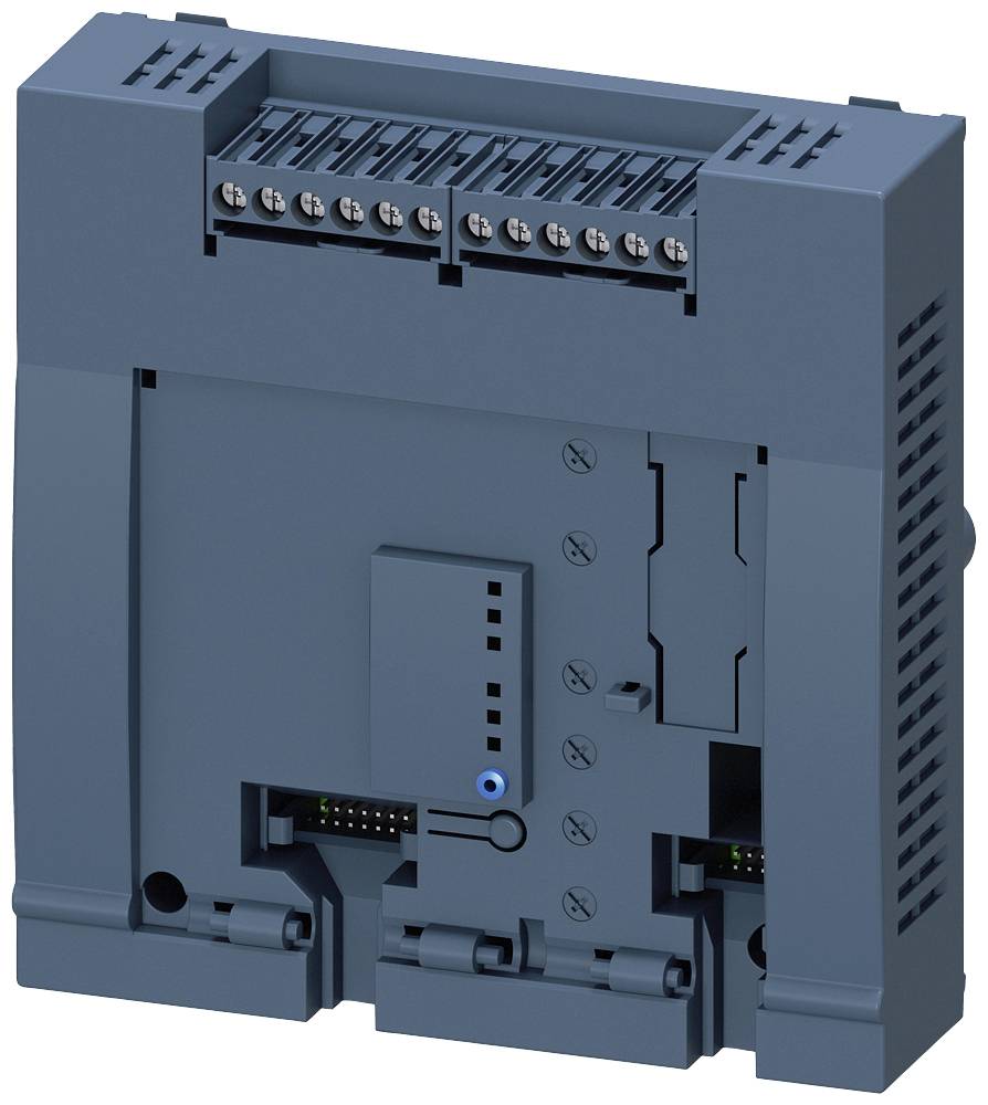 Appareil électrique avec plusieurs bornes de connexion sur le dessus, boîtier gris, adapté aux applications techniques ou au montage sur tableau de commande.
