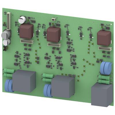 'Circuit électronique vert avec plusieurs composants carrés et cylindriques.'