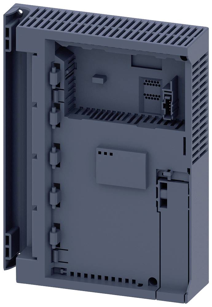 Un appareil technique gris de forme rectangulaire avec des fentes de ventilation. Principalement un boîtier, sans éléments de commande reconnaissables.