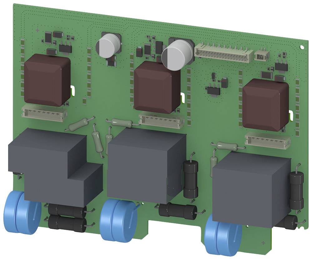 Composant électronique : Un circuit imprimé vert avec plusieurs condensateurs, résistances et transistors, symbolisant des composants techniques.