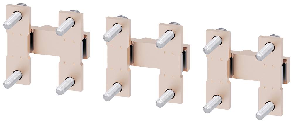 Un élément électrique composé de trois rails de cuivre identiques reliés par quatre boulons parallèles en argent.