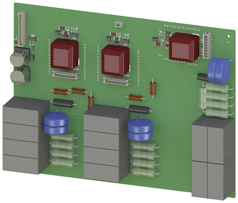 Circuit imprimé vert avec plusieurs composants carrés et ronds, incluant des bobines et des condensateurs, disposés en rangées.