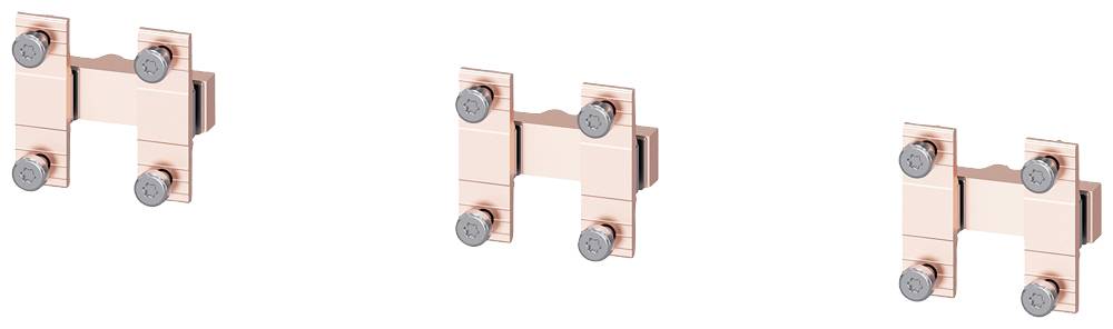 Trois pièces de cuivre en forme de 'H' avec des vis à leurs extrémités. Elles sont réparties uniformément et disposées en ligne droite.