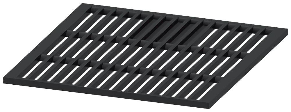 Grille métallique noire, carrée, avec des traverses parallèles. Principalement utilisée pour les systèmes de drainage ou de ventilation.