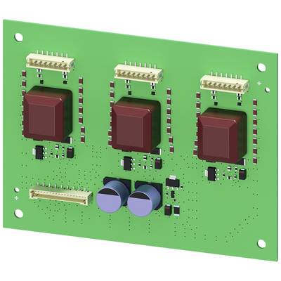 Une carte électronique verte avec des composants électroniques, comprenant trois éléments rectangulaires de grande taille et deux éléments cylindriques, répartis de manière uniforme.