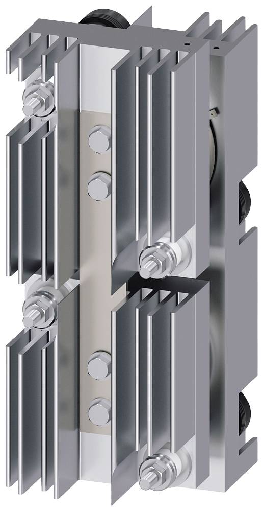 Un dissipateur thermique métallique avec plusieurs ailettes parallèles et des vis de fixation, conçu pour l'évacuation de la chaleur.