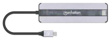 Hub USB-C 'Manhattan' à plusieurs ports. Connecte des appareils à un ordinateur ou un ordinateur portable via un câble USB-C. Idéal pour le transfert de données et la connectivité étendue.