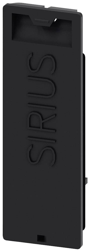 Couvercle noir en plastique rectangulaire portant la gravure 'SIRIUS'. Il présente une découpe rectangulaire en haut et deux supports en bas.