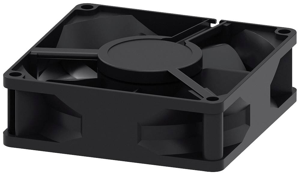 Un ventilateur d'ordinateur noir carré avec quatre pales.