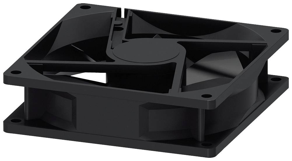 Un ventilateur d'ordinateur noir avec un cadre carré et plusieurs pales incurvées, adapté au refroidissement à air des appareils électroniques.