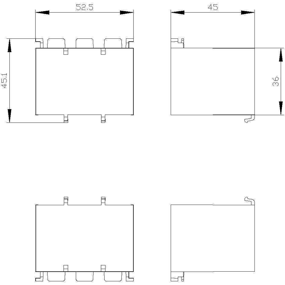 Dessin technique d'un composant rectangulaire avec cotations : largeur 52,5 mm, hauteur 45 mm, épaisseur 36 mm. Vue de dessus et vues de côté.