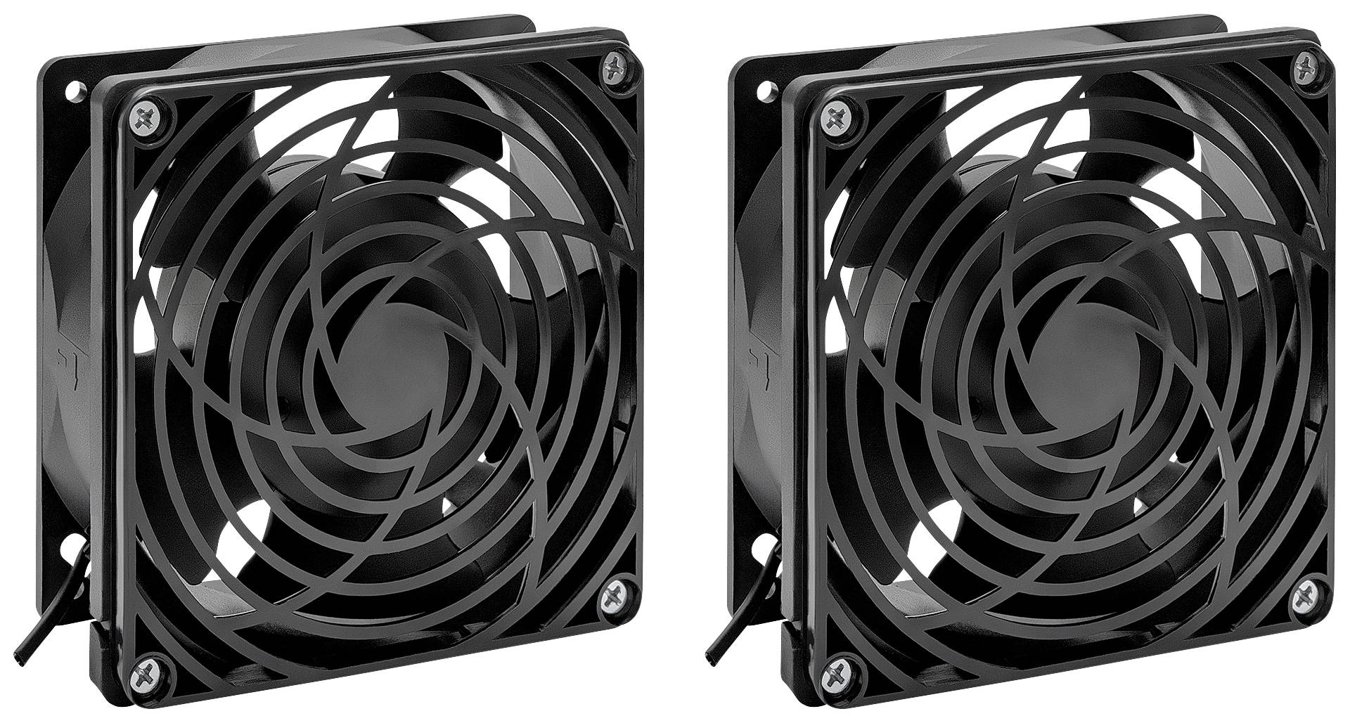 Deux ventilateurs noirs avec des grilles de protection spiralées, placés côte à côte.