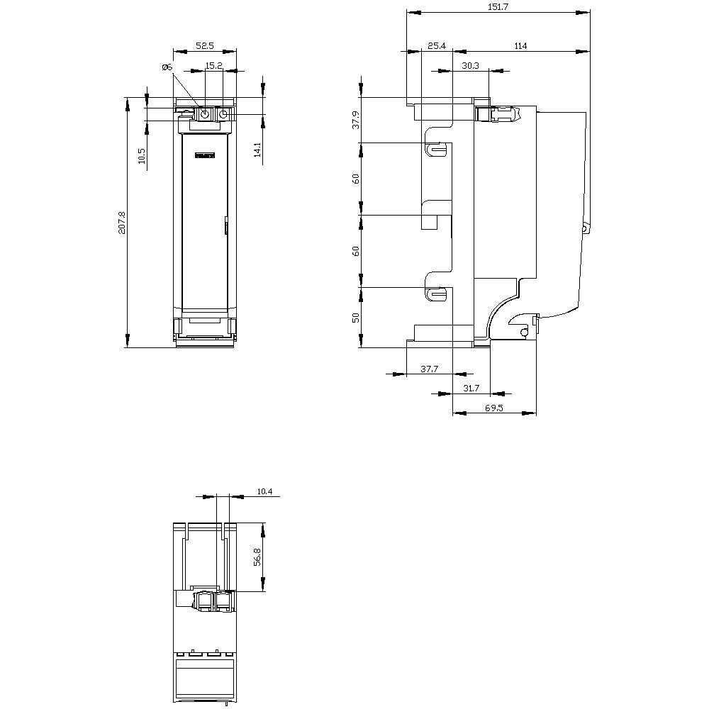 Dessin technique d'un composant électrique avec plusieurs dimensions en millimètres pour la hauteur, la largeur et la profondeur.