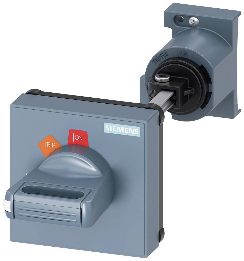 'Unité de commutation Siemens grise avec commutateur rouge "TRIP" et commutateur rouge "ON", montée sur un support, reconnaissable à sa poignée carrée.'