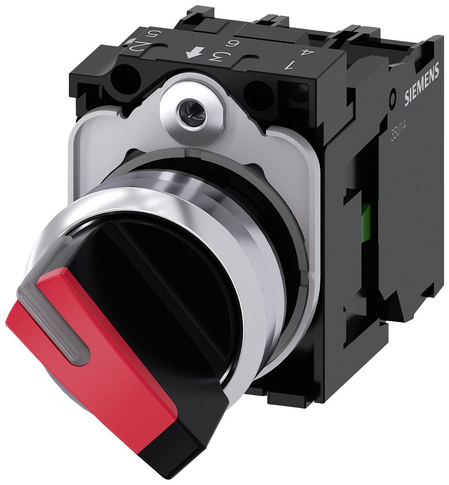 Commutateur rotatif dans un boîtier noir avec un levier rouge, probablement un interrupteur électrique de la marque Siemens pour des applications industrielles.