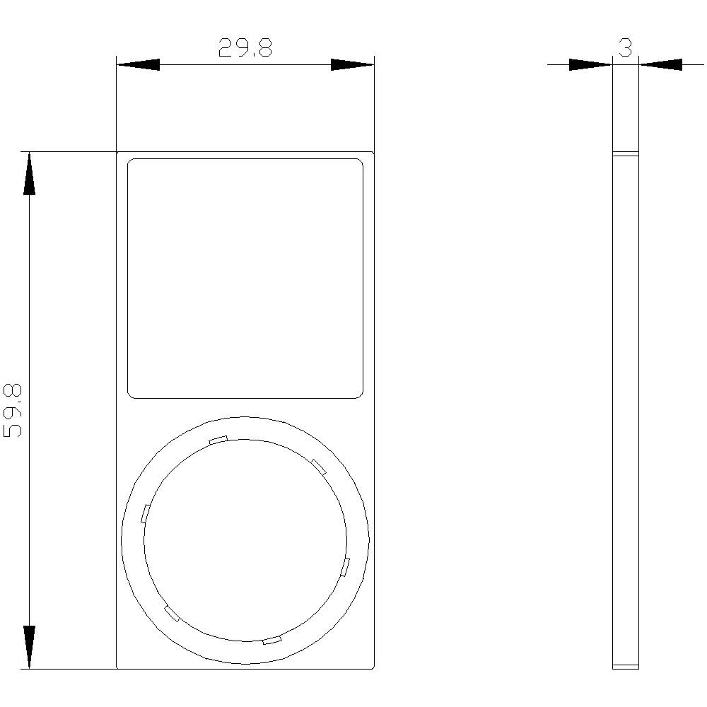 Dessin technique d'un dispositif rectangulaire avec les dimensions suivantes : 59,8 mm de hauteur et 29,8 mm de largeur. Vue de côté : 3 mm de profondeur.