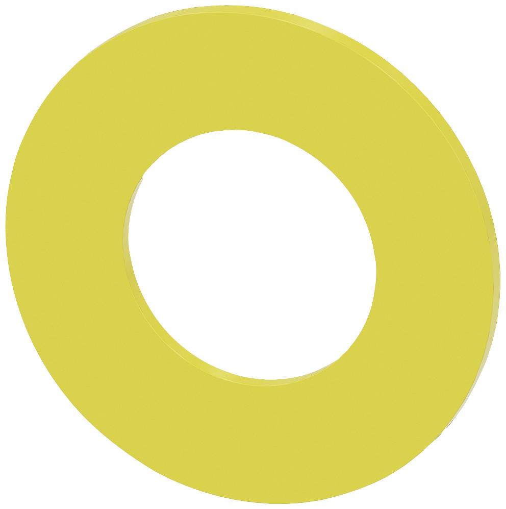 Un objet jaune en forme de donut avec un trou au centre, flottant devant un fond blanc.