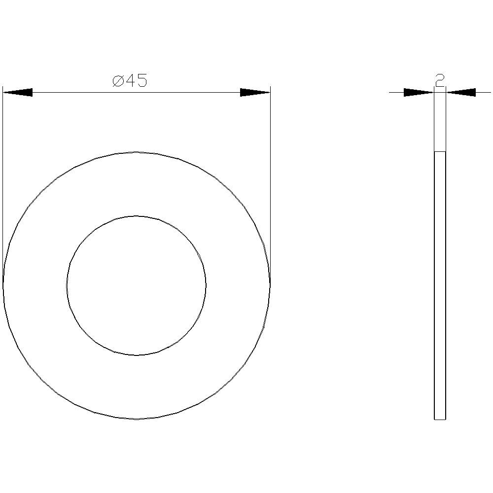 'Dessin d'un disque : diamètre extérieur de 45 mm, épaisseur de 2 mm. Représenté en vue de côté et de dessus.'