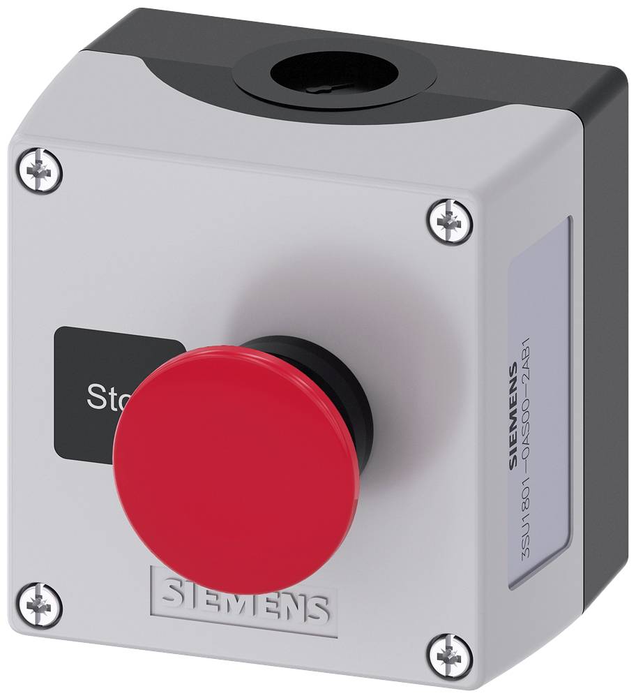 Un bouton d'arrêt d'urgence rouge sur un boîtier gris de Siemens, utilisé pour l'arrêt immédiat des machines en cas d'urgence.