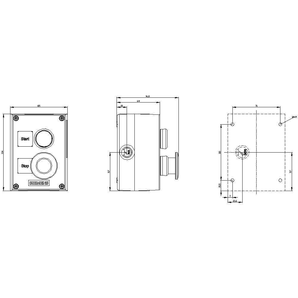 Dessin technique d'un boîtier de commutateur, vue de face avec boutons 'Marche' et 'Arrêt', vue latérale et vue de dessus avec indications dimensionnelles.