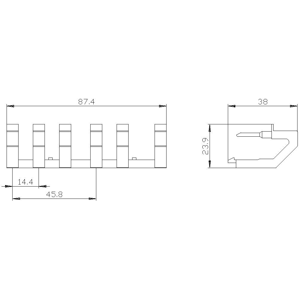 Dessin technique d'un connecteur électrique, montrant les dimensions : 87,4 mm de longueur, 14,4 mm de largeur, 23,9 mm de hauteur.
