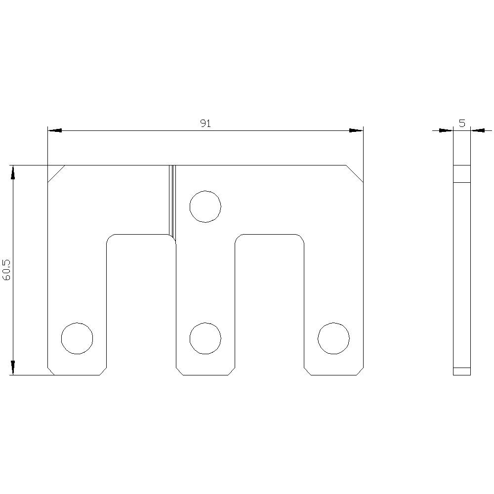 Dessin technique d'une pièce métallique avec dimensions : largeur 91 mm, hauteur 60,5 mm, profondeur 5 mm. Trois trous ronds sur la face inférieure.