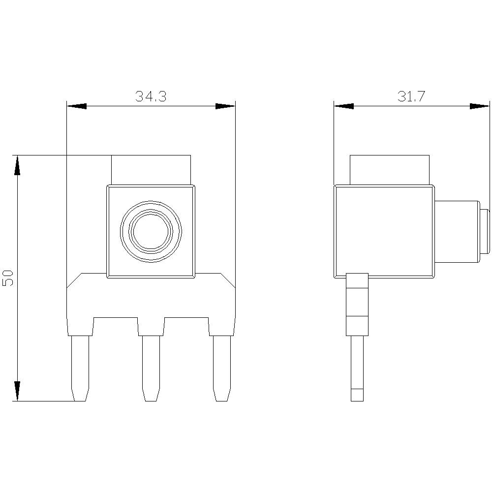 Dessin technique d'un connecteur avec les dimensions suivantes : 34,3 mm de largeur, 50 mm de hauteur et 31,7 mm de profondeur, avec trois broches en bas.