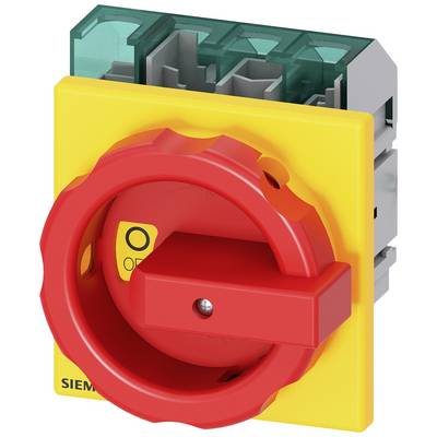 Un interrupteur principal Siemens jaune et rouge, montré dans une position d'arrêt. L'interrupteur présente une construction robuste et industrielle.