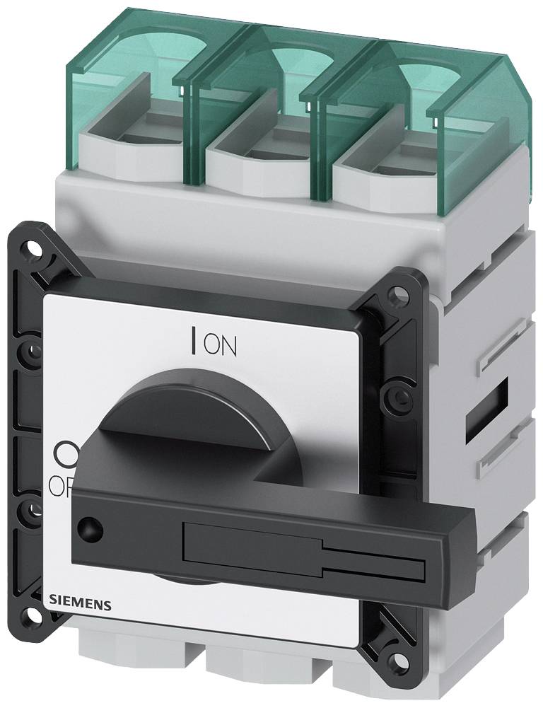 Un sectionneur de charge tripolaire de Siemens avec un levier manuel sur lequel sont marqués 'ON' et 'OFF'.
