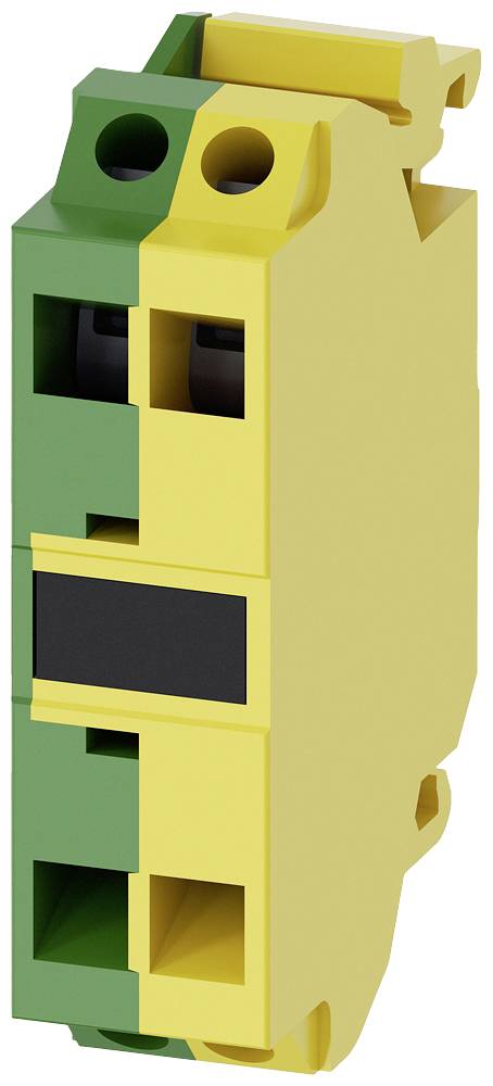 Un bloc de composants électriques vert et jaune avec plusieurs connexions enfichables, utilisé dans les boîtes de distribution pour un câblage sécurisé.