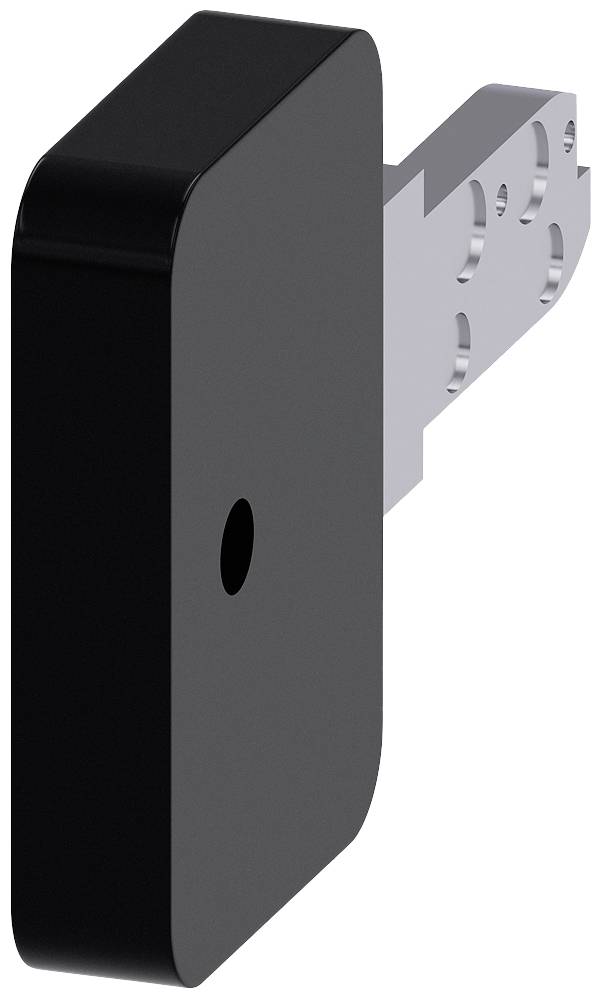 Objet noir, rectangulaire, ressemblant à un verrou, avec une fixation métallique sur la droite. Il semble être un composant mécanique.