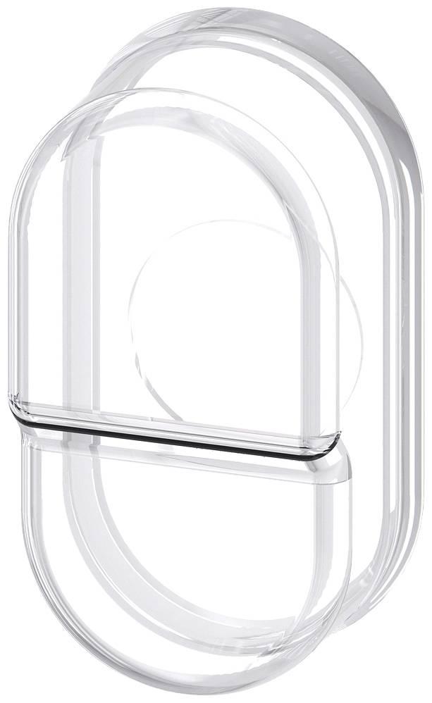 Boîte en plastique transparent, ovale, avec couvercle, en position verticale.