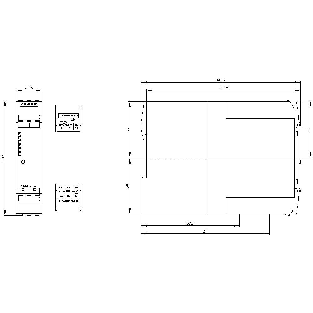Dessin technique d'un appareil avec vue de face et vue latérale, dimensions : hauteur 124 mm, largeur 22,5 mm, profondeur 114 mm.