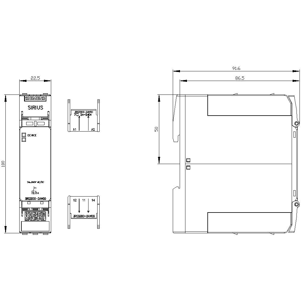 Dessin technique d'un coffret électrique avec des indications dimensionnelles détaillées en millimètres. La vue principale montre une largeur de 22,5 mm et une hauteur de 100 mm.