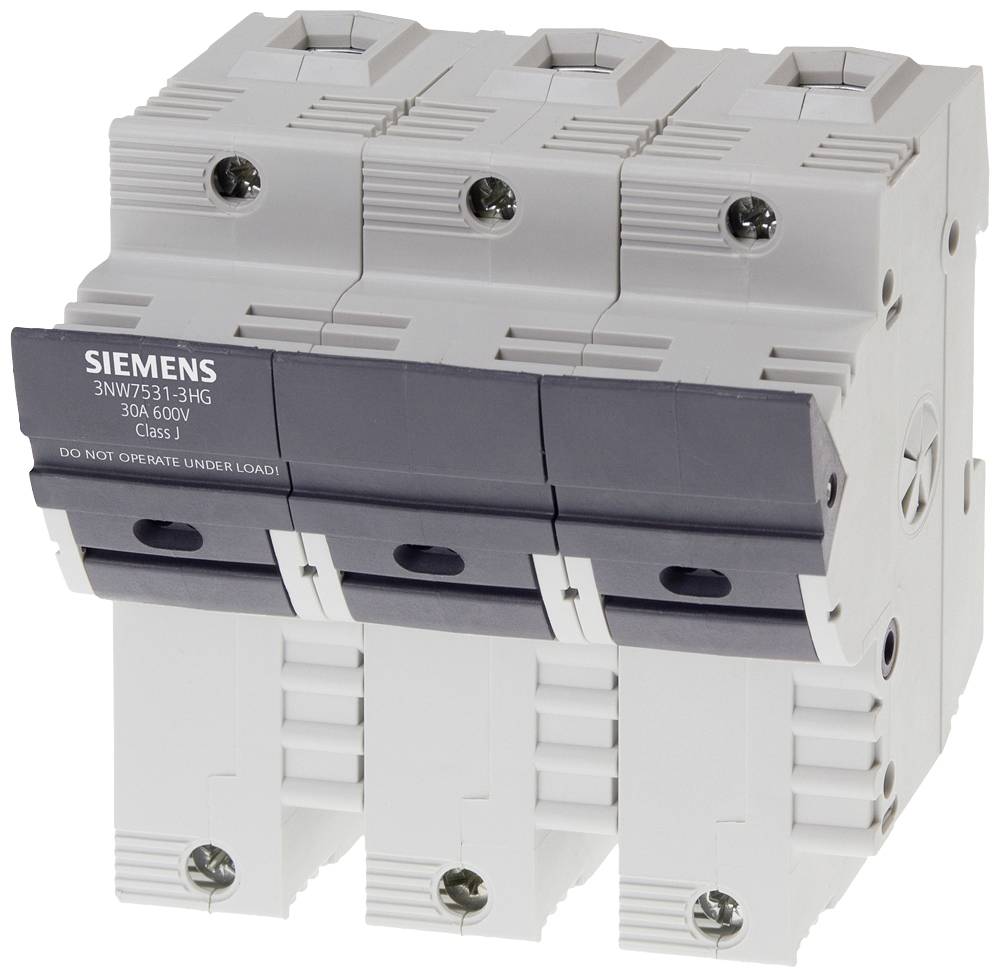 Un support de fusible tripolaire Siemens avec boîtier gris, portant l'inscription 'SIEMENS' et les spécifications techniques, utilisé pour la protection électrique.