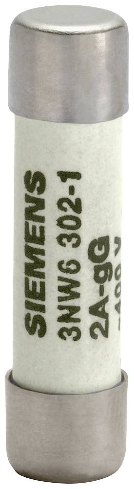 Fusible avec l'étiquette 'SIEMENS 3NW6 302-1 2A- gG 500V', de forme cylindrique avec des embouts métalliques en haut et en bas, sur un fond blanc.