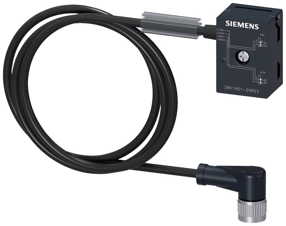 Un câble noir avec une prise est branché à un appareil électronique Siemens, équipé d'un interrupteur et d'étiquettes.
