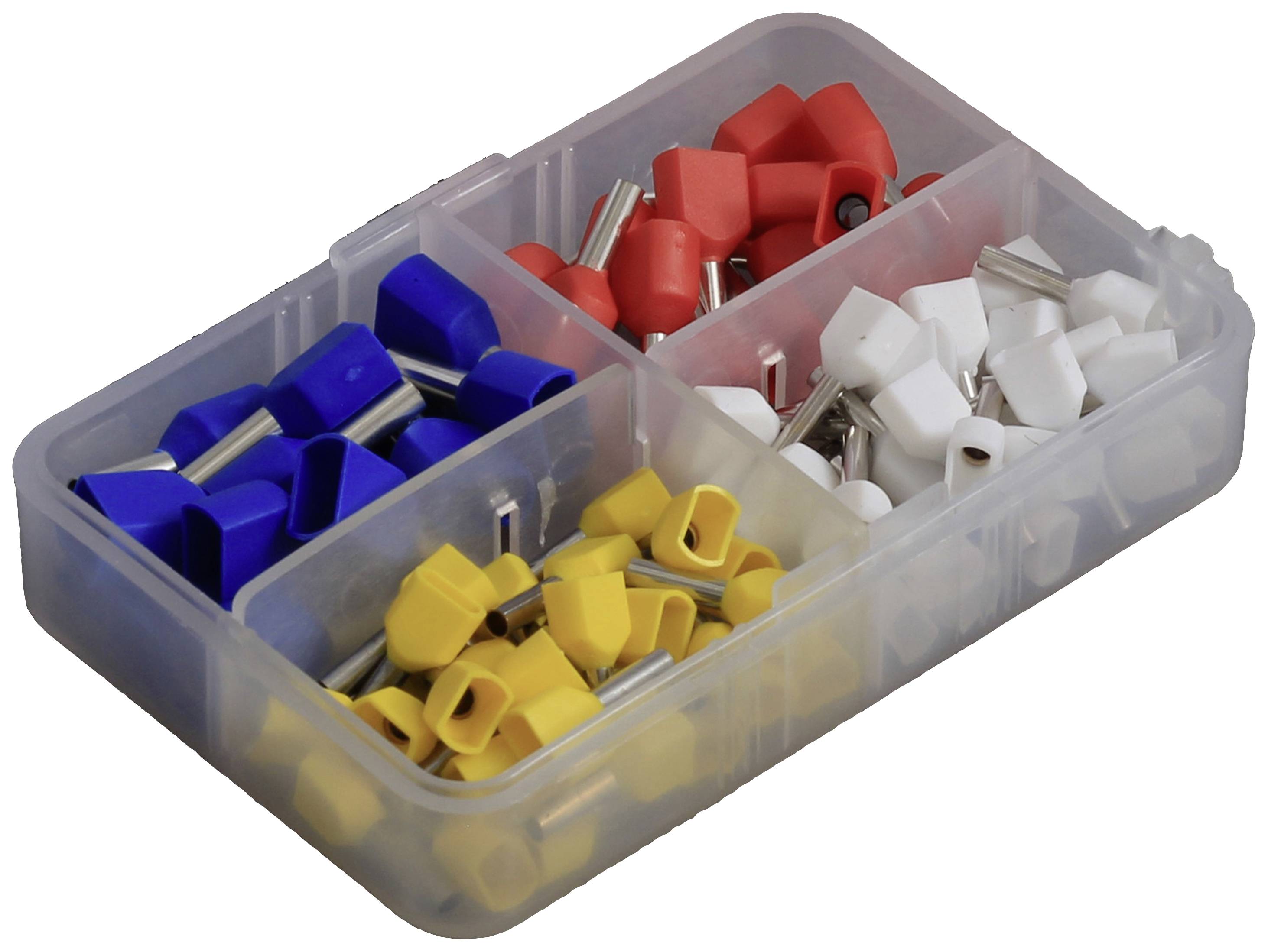 Une boîte de rangement transparente à quatre compartiments, remplie de cosses terminales isolées bleues, rouges, blanches et jaunes.