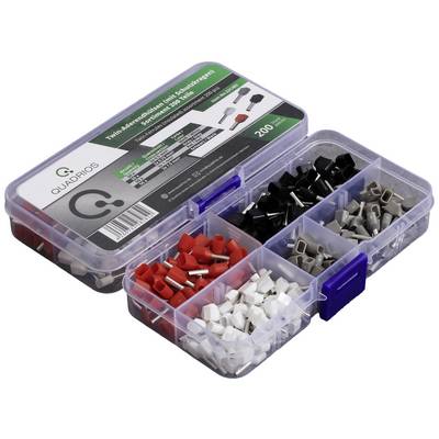 Une boîte ouverte contenant différentes embouts de câble (cosses de câblage) en rouge, noir, blanc et gris. L'étiquette indique les dimensions et la quantité.