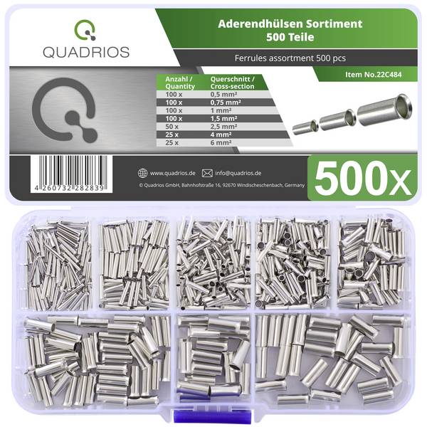 Quadrios 22C484 Assortiment d'embouts simples 0.5 mm², 0.75 mm², 1.0 mm², 1.5 mm², 2.5 mm², 4.0 mm², 6.0 mm² non isolé  500 pc(s)
