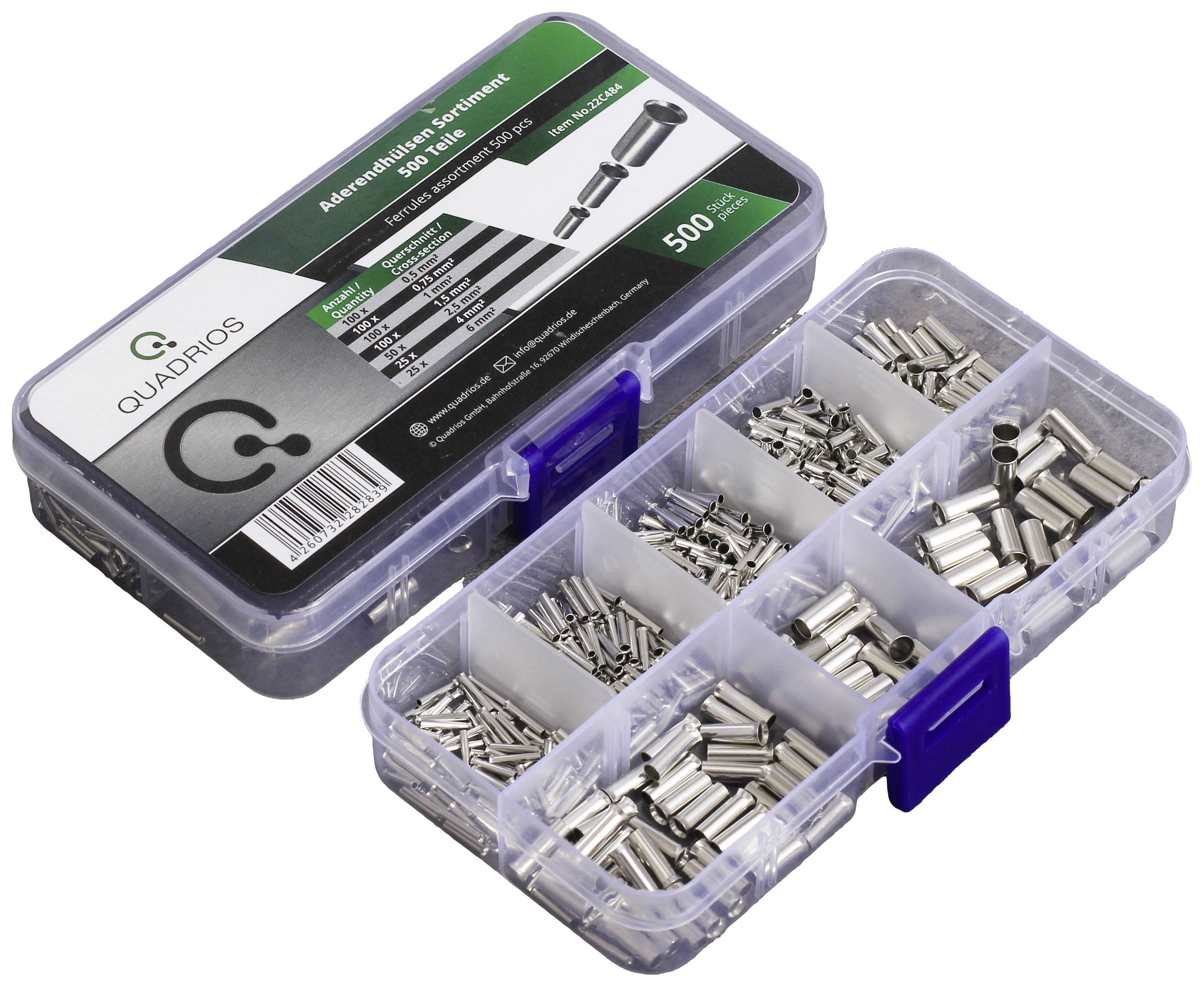 Boîte en plastique avec couvercle rabattable, remplie de stylos métalliques de différentes tailles. L'étiquette indique les détails de la taille et de la quantité des stylos (500 pièces).