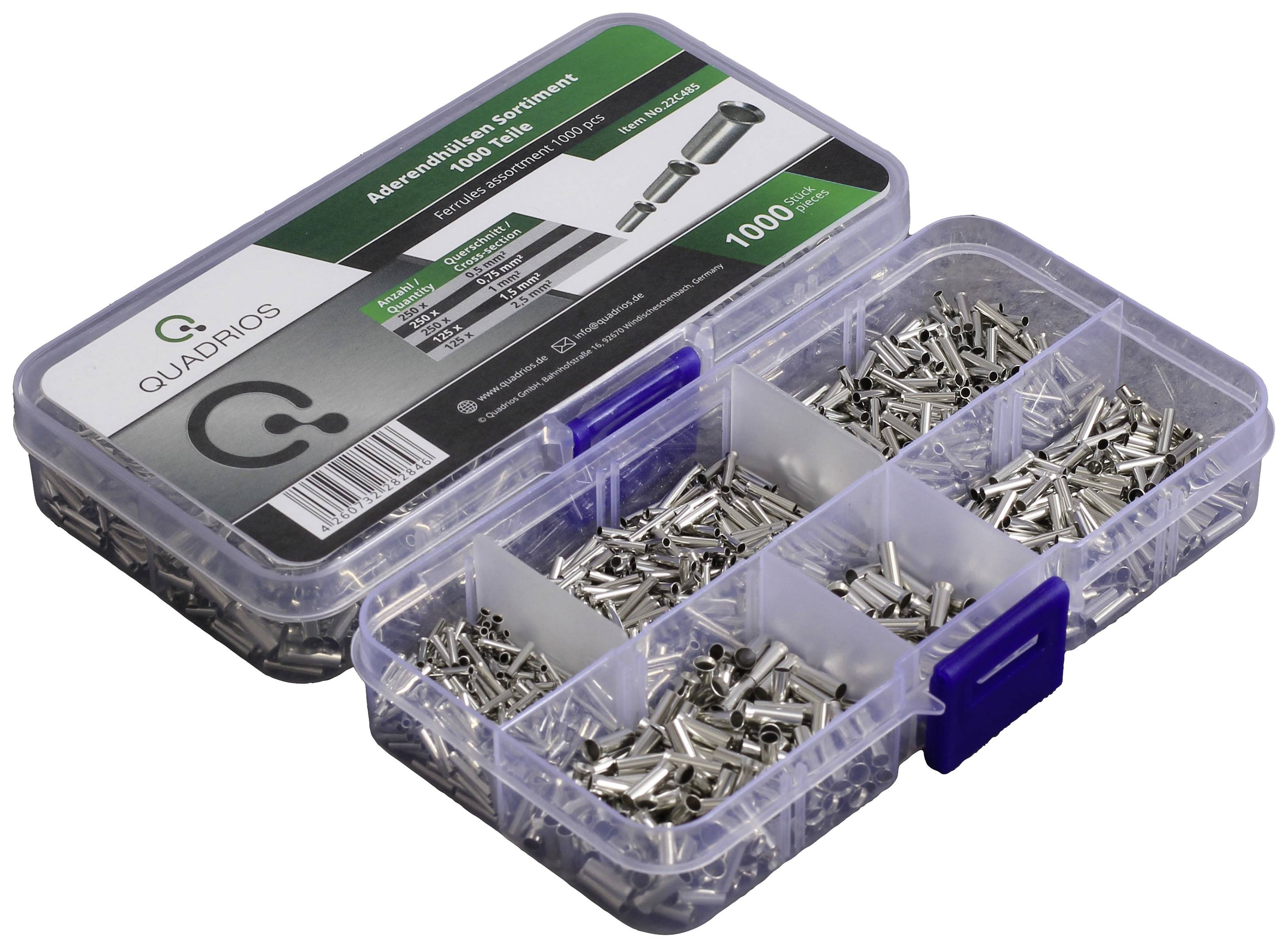 Boîte d'assortiment contenant 1000 embouts de câble en argent de différentes tailles.