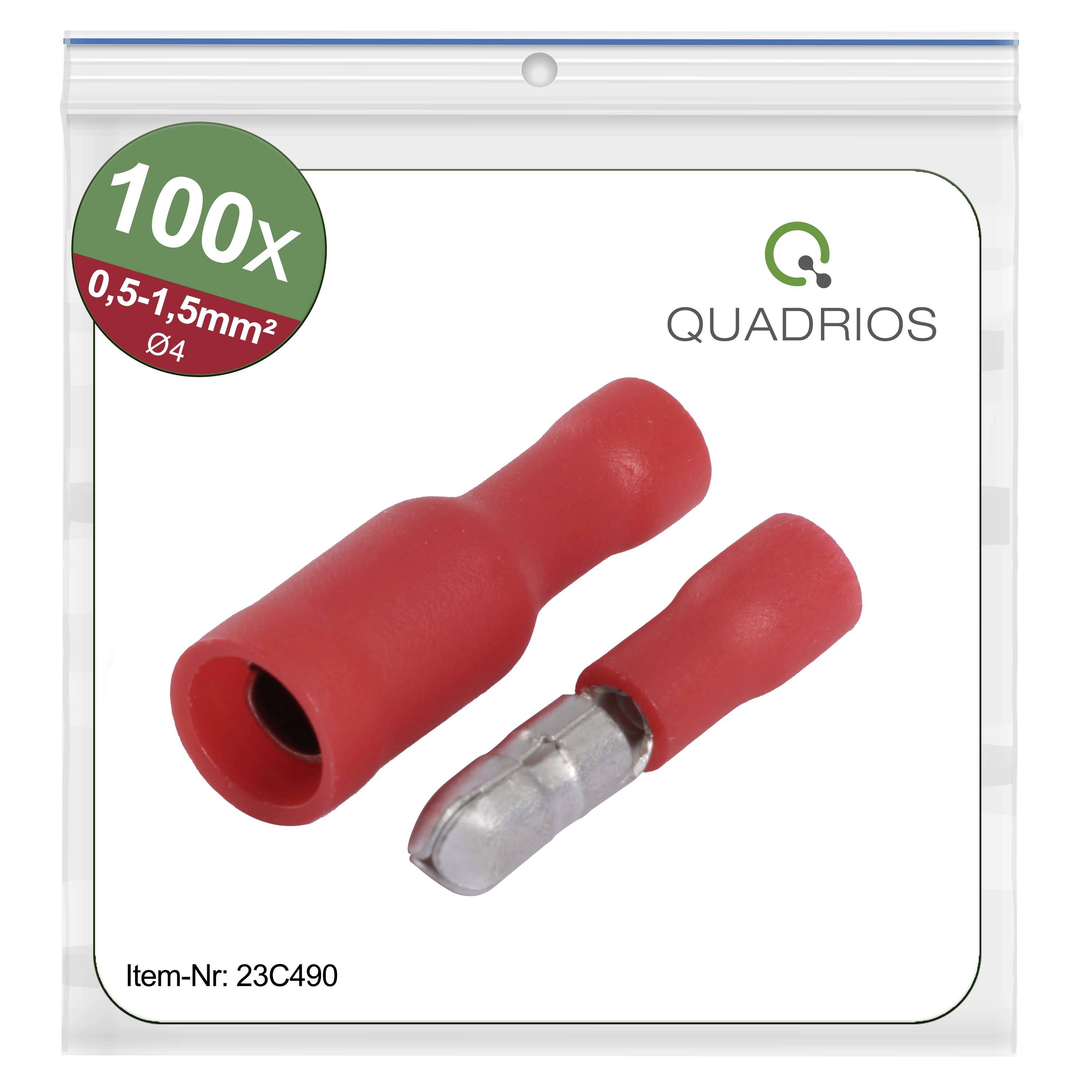 100 cosses isolées rouges 0,5-1,5 mm², Ø4 mm, présentées dans un emballage transparent. Code produit : 23C490, Marque : Quadrios.