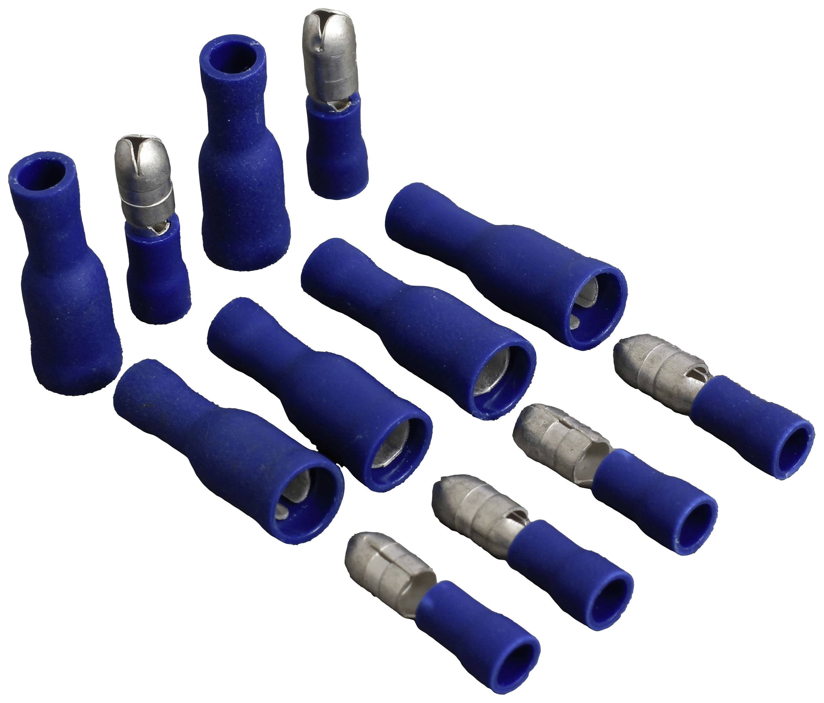 Une collection de cosses de câble bleues de différentes tailles, disposées sur une surface claire.