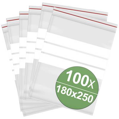Six sachets transparents et refermables disposés les uns sur les autres. Une étiquette verte indique '100x 180x250'.