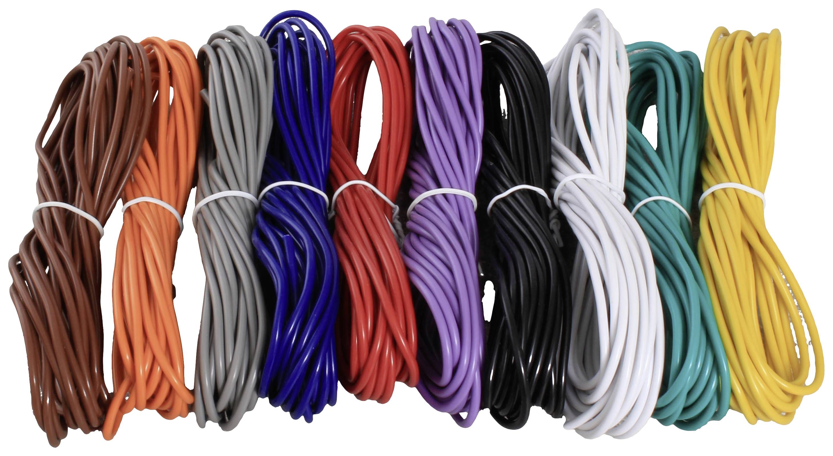 Faisceau de câbles multicolores, chacun enveloppé de plastique : marron, orange, gris, rouge, violet, noir, blanc, vert, jaune.