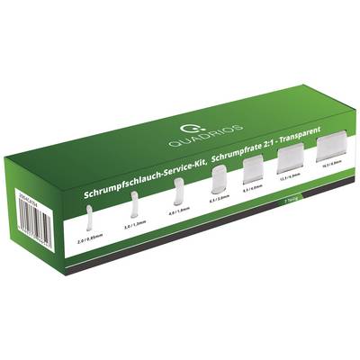Kit de gaines thermorétractables Quadrios avec tubes transparents de différentes tailles, 7 pièces, sur un emballage vert.